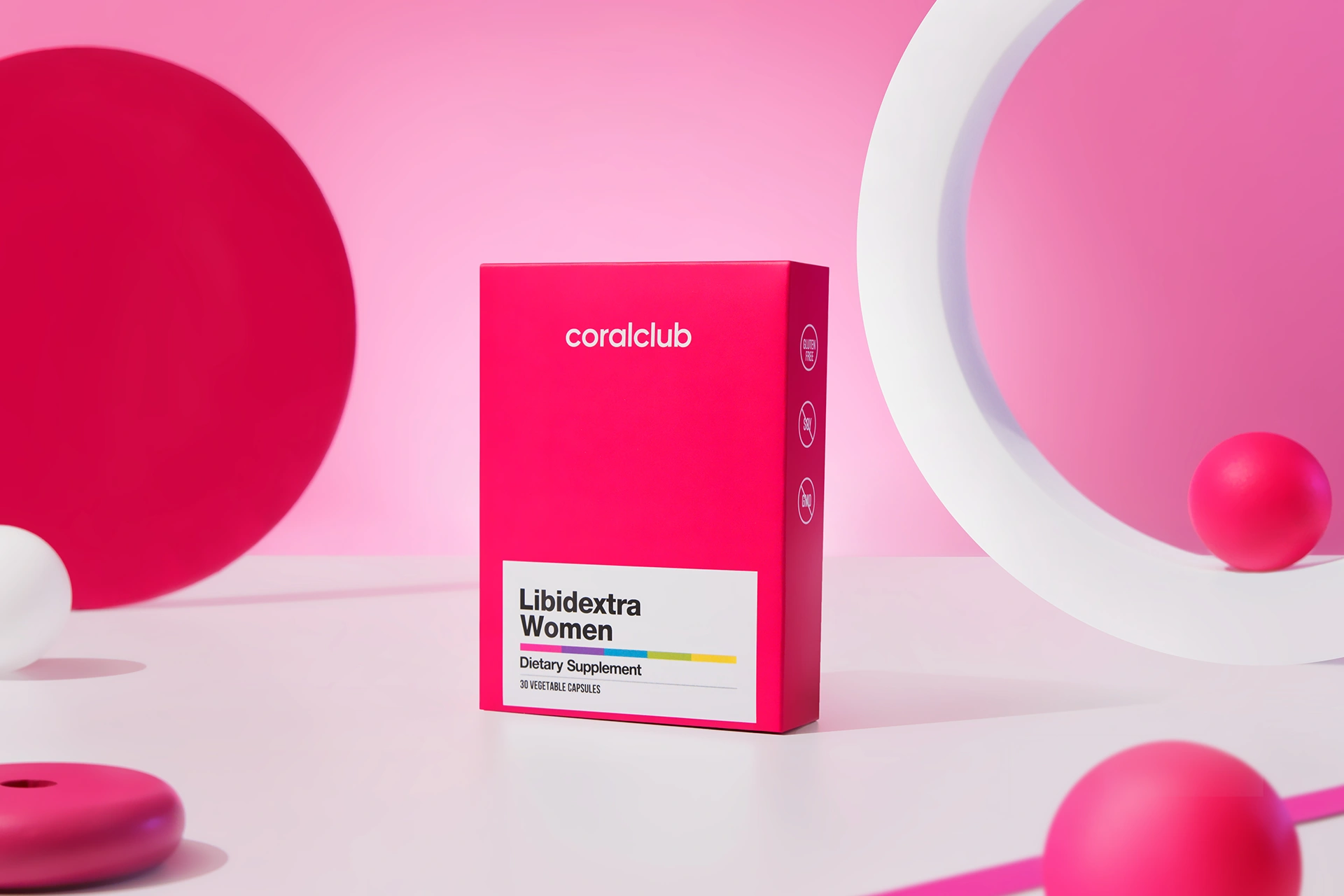 Упаковка комплексу Libidextra Women на тлі свіжих пелюсток дамаської троянди