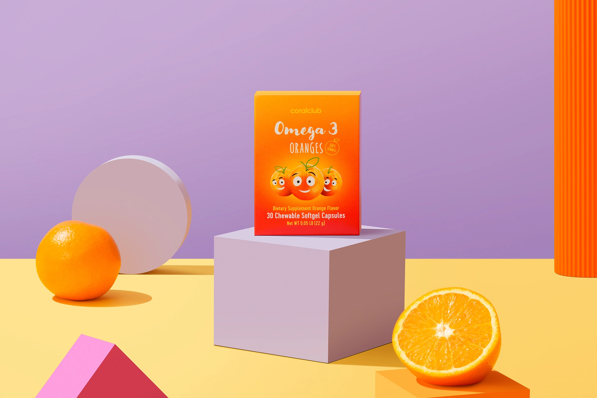 Capsules Omega 3 Oranges dans un environnement lifestyle avec des oranges fraîches