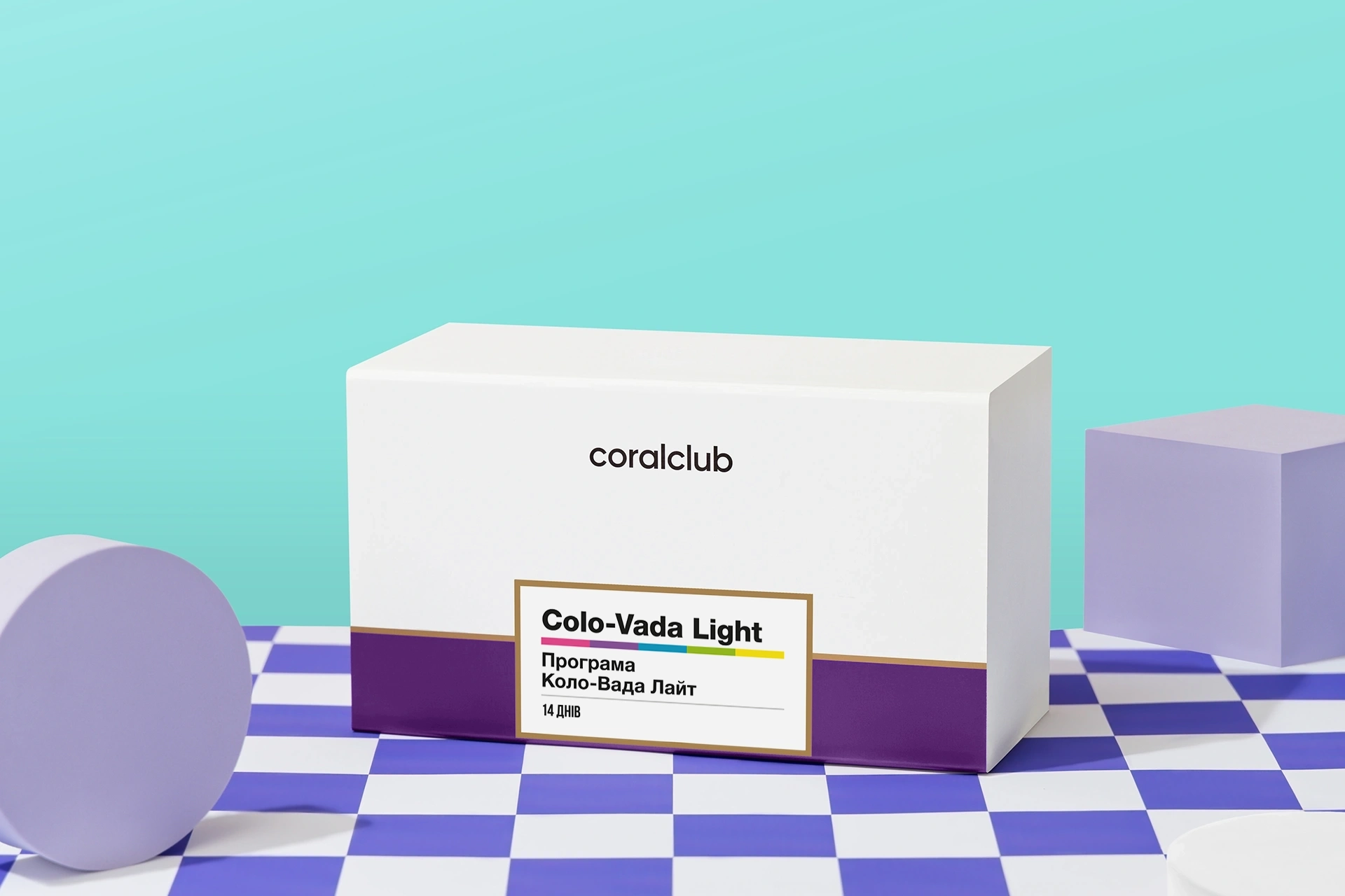 Компоненти набору Colo-Vada Light на тлі свіжих інгредієнтів та зелені