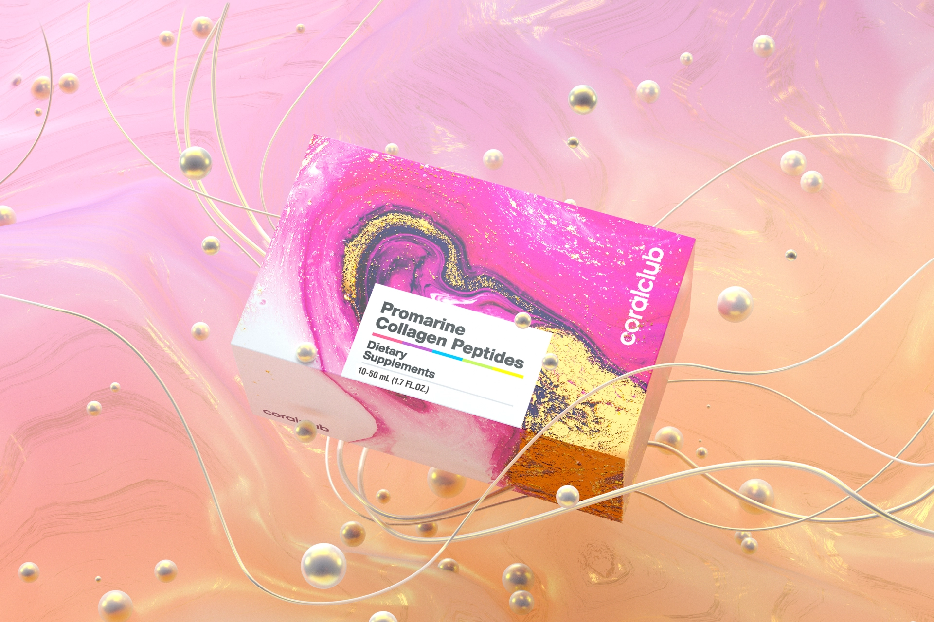 3D-візуалізація набору флаконів Promarine Collagen Peptides у преміальному лайфстайл-оточенні