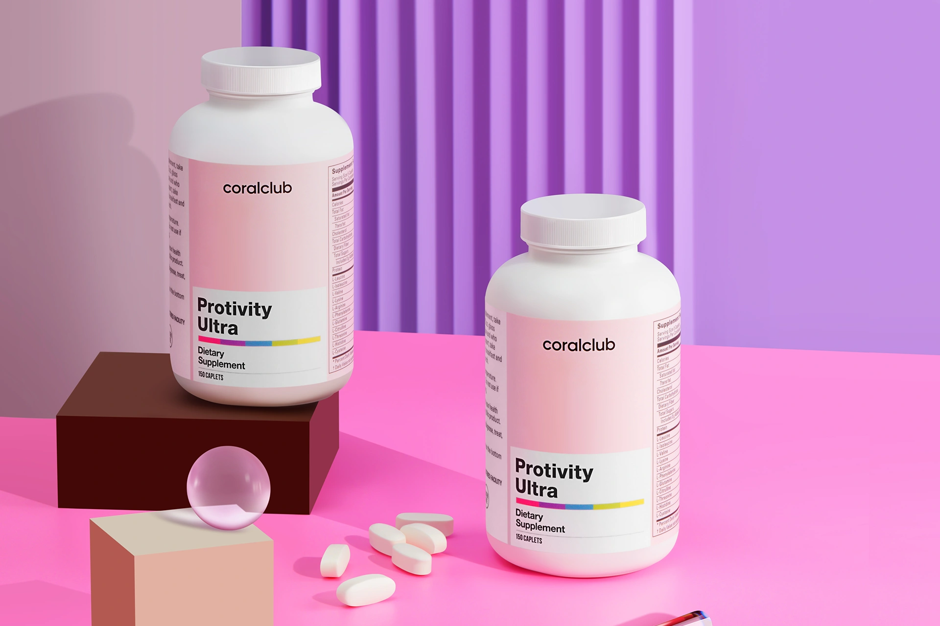 Зручний формат таблеток Protivity Ultra на тлі свіжих інгредієнтів для здорового раціону
