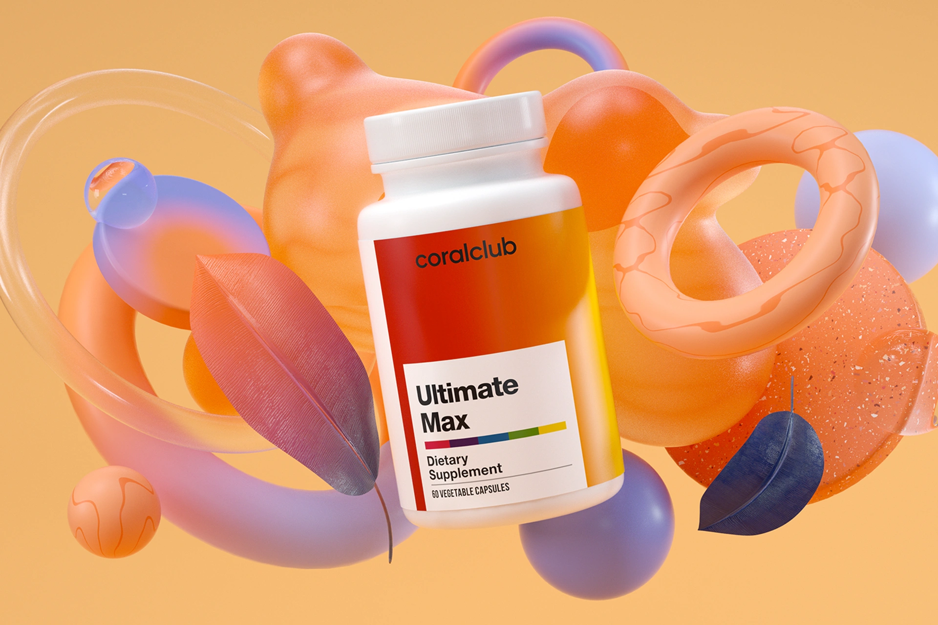 Pohodlný formát užívání kapslí Ultimate Max na pozadí prvků zdravé výživy