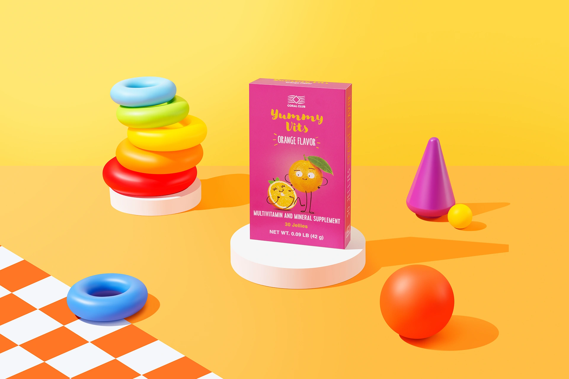 Упаковка жувальних пастилок Yummy Vits Orange на столі поруч із дитиною, захопленою навчанням