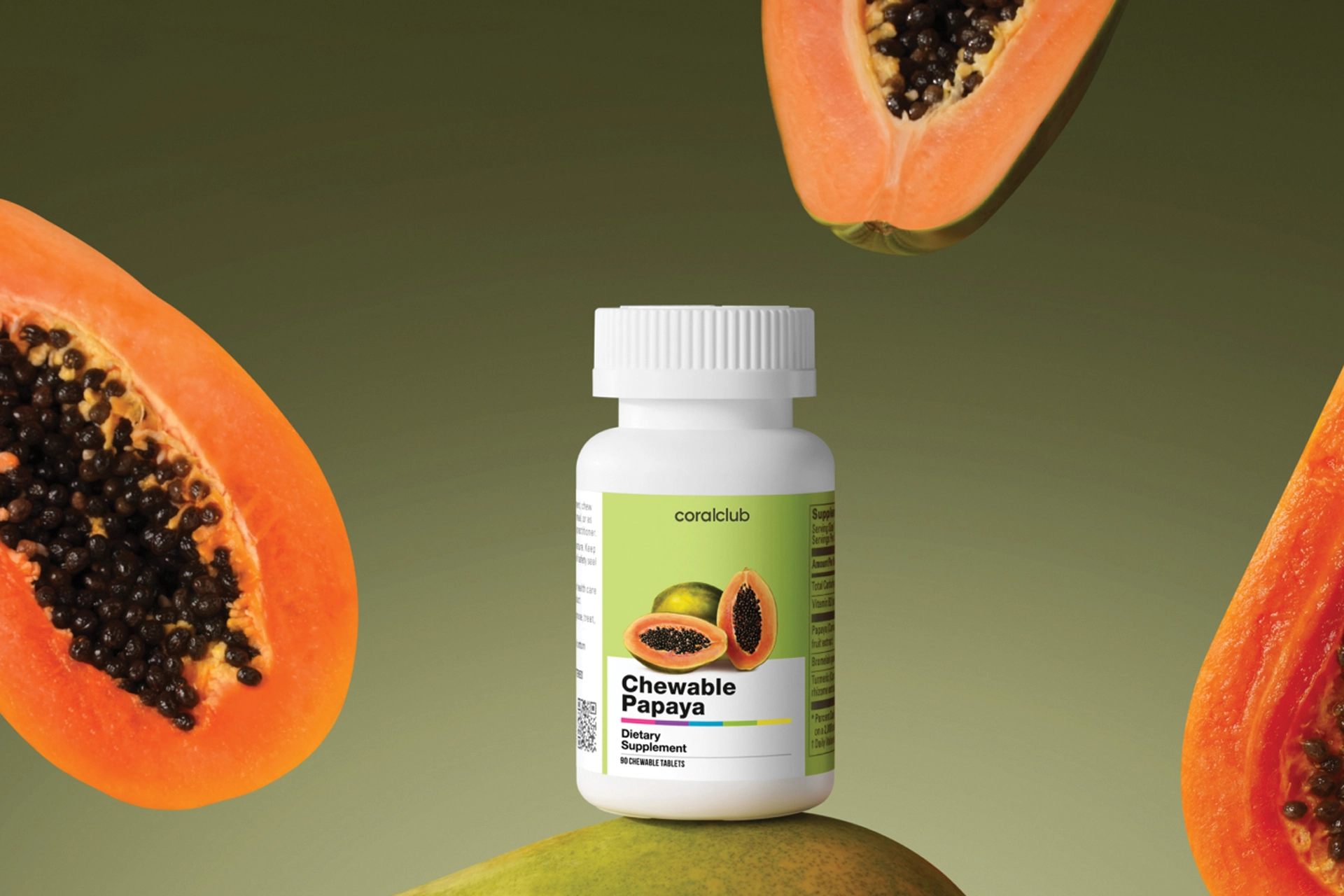 Формат жувальних таблеток Chewable Papaya на тлі свіжої м'якоті папаї