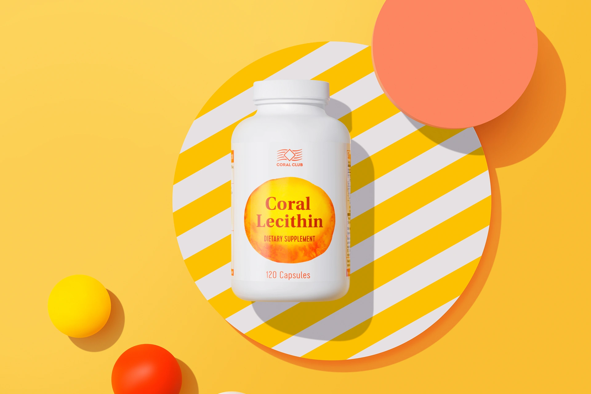 Зручний формат капсул Coral Lecithin у лайфстайл-оточенні на тлі свіжих інгредієнтів
